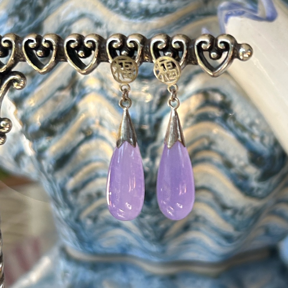 Vintage Purple Lavender Jade Sterling Silver Teardrop Earrings